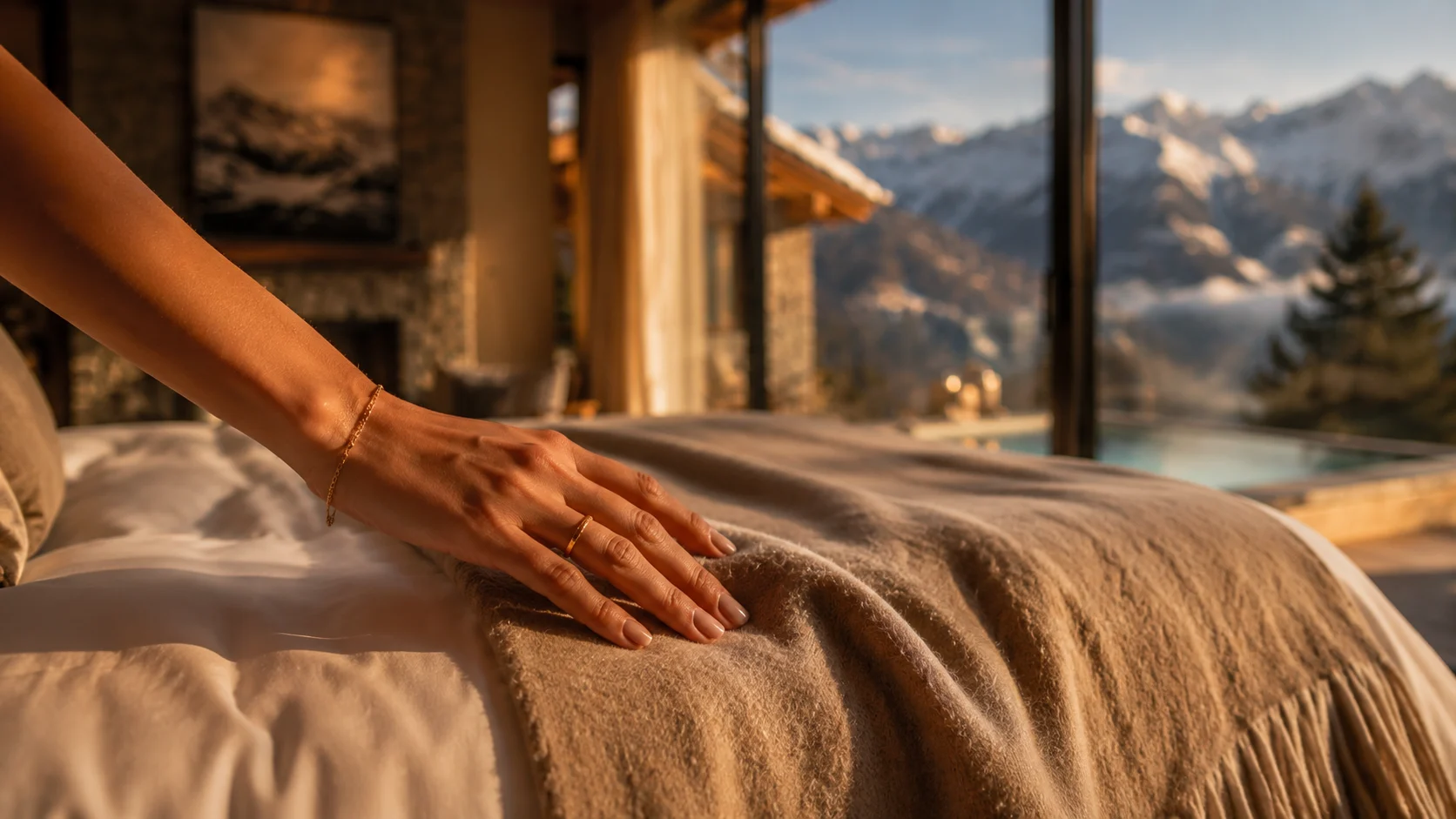 Detail ruky na vlnenej deke v interiéri chalet s výhľadom na zasnežené hory
