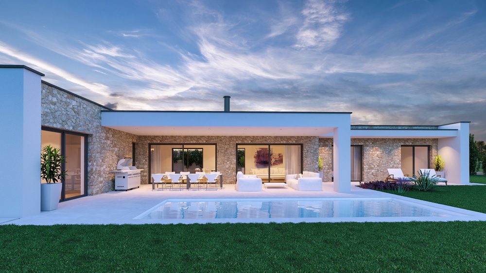 Original developer render of the villa garden facade in daylight