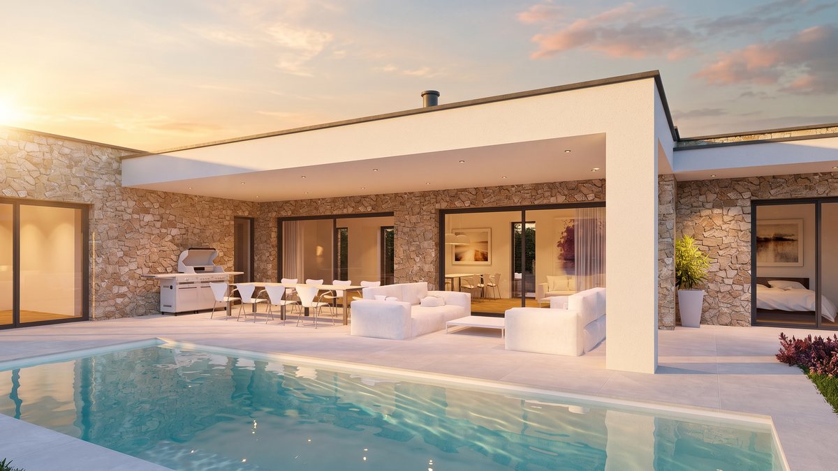 Cinematic golden-hour result: stone and white villa with covered terrace and pool